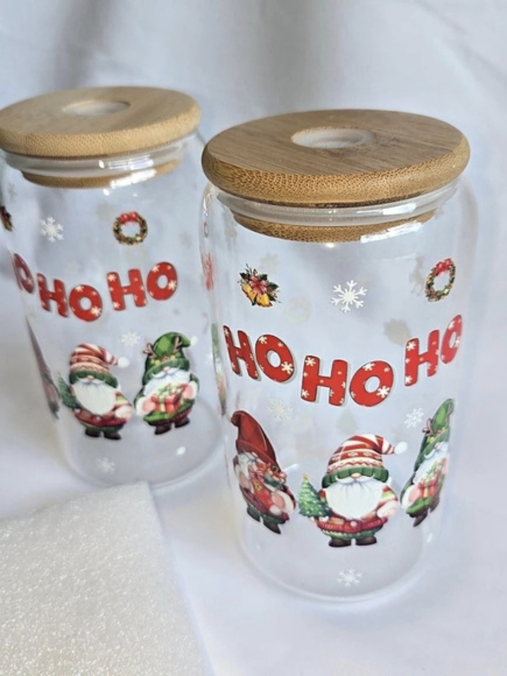 Set of 2 Ho Ho Ho Christmas Glasses with Bamboo Lids and Glass Straws Brand New